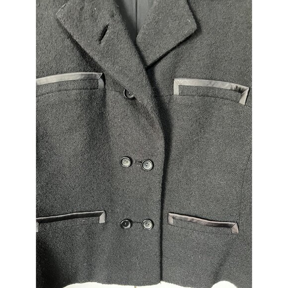 Vintage Frank Gallant Vintage Black Wool Cropped Jacket W/ Satin Trim & Double B - Picture 3 of 10